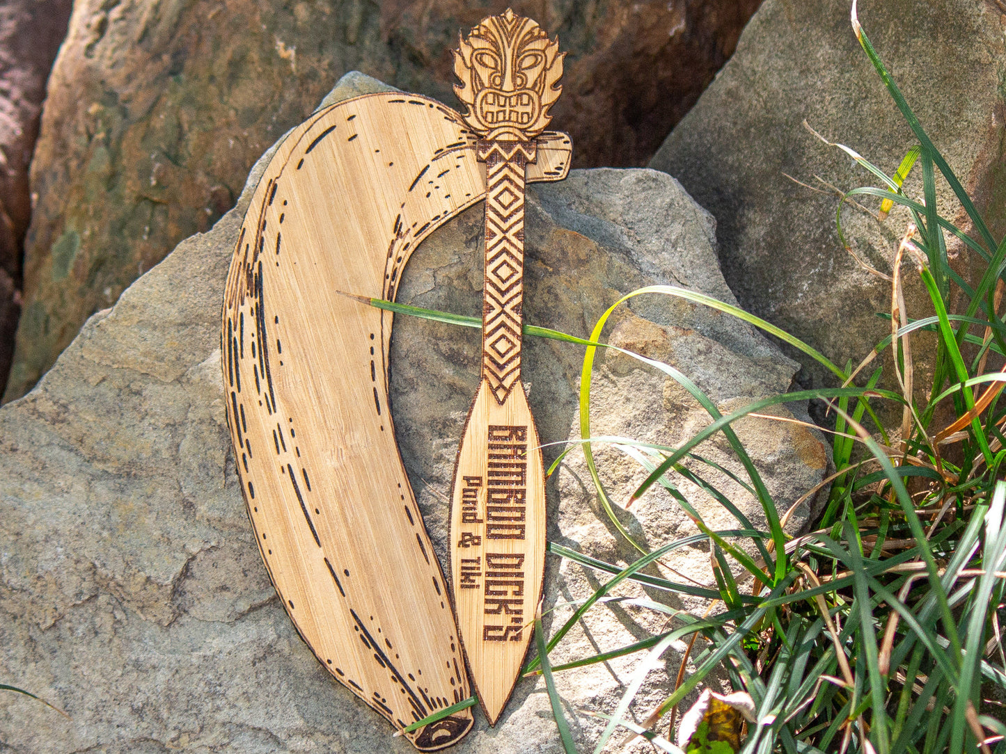 Custom Tiki Bar Swizzle Sticks (Qty 4) - Laser Engraved on Bamboo Plywood - Choose your font, tiki mask and pattern