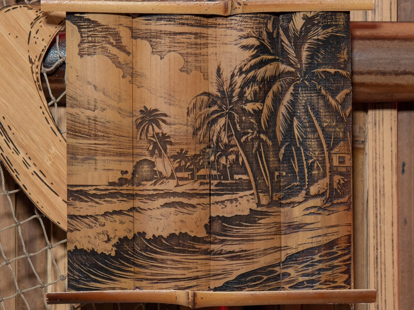 Waves Crashing on a Beach with Huts Wall Art - Laser Carved into a Bamboo Wall Hanging - Great Gift for Tropical Art Lovers - FREE SHIPPING