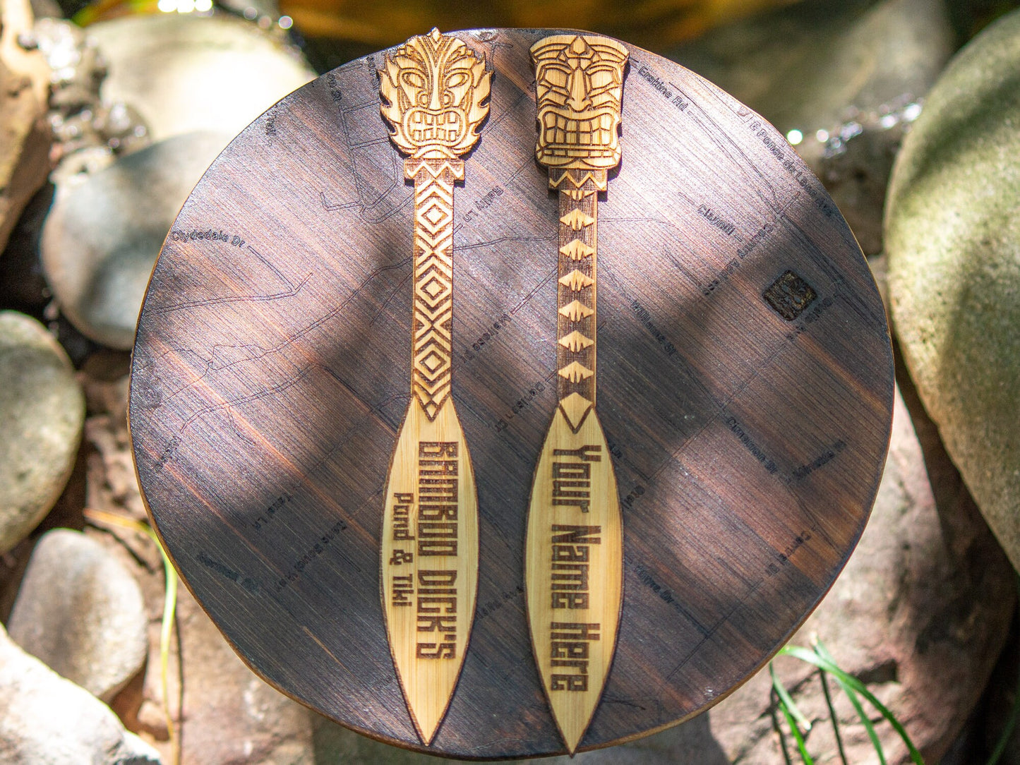 Custom Tiki Bar Swizzle Sticks (Qty 4) - Laser Engraved on Bamboo Plywood - Choose your font, tiki mask and pattern