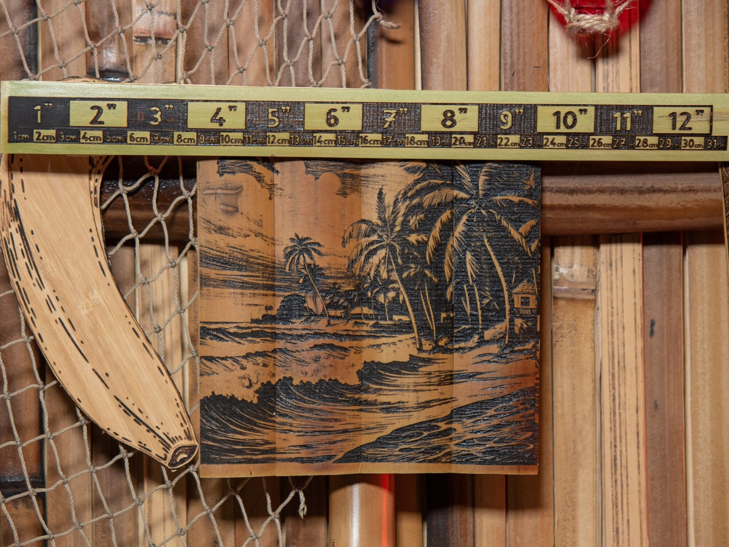 Waves Crashing on a Beach with Huts Wall Art - Laser Carved into a Bamboo Wall Hanging - Great Gift for Tropical Art Lovers - FREE SHIPPING