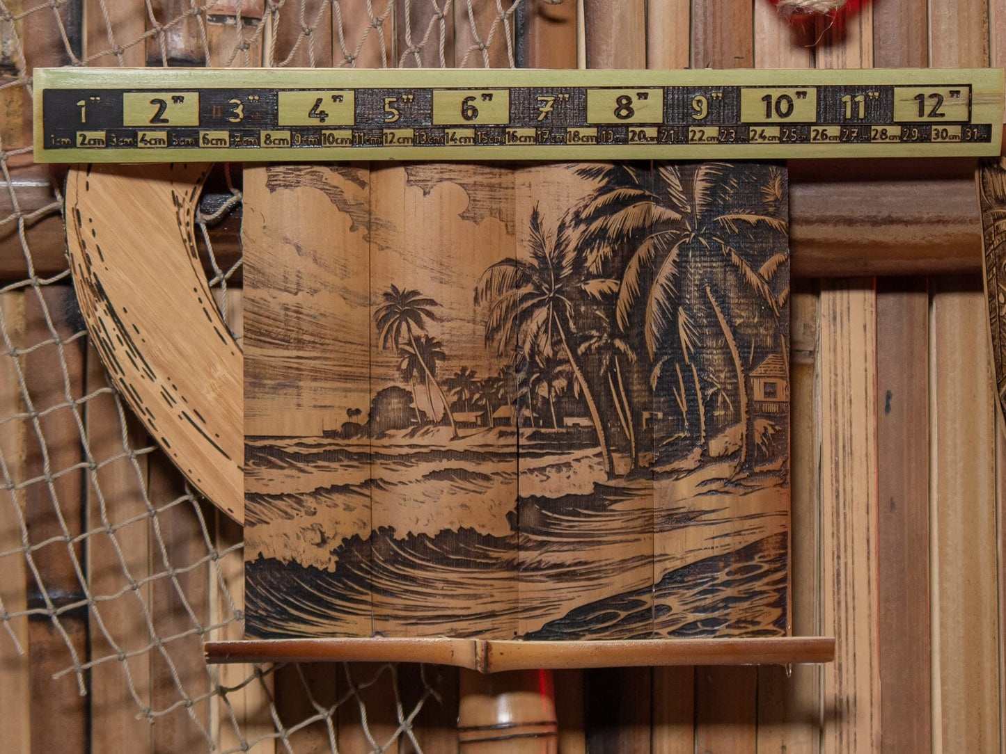 Waves Crashing on a Beach with Huts Wall Art - Laser Carved into a Bamboo Wall Hanging - Great Gift for Tropical Art Lovers - FREE SHIPPING