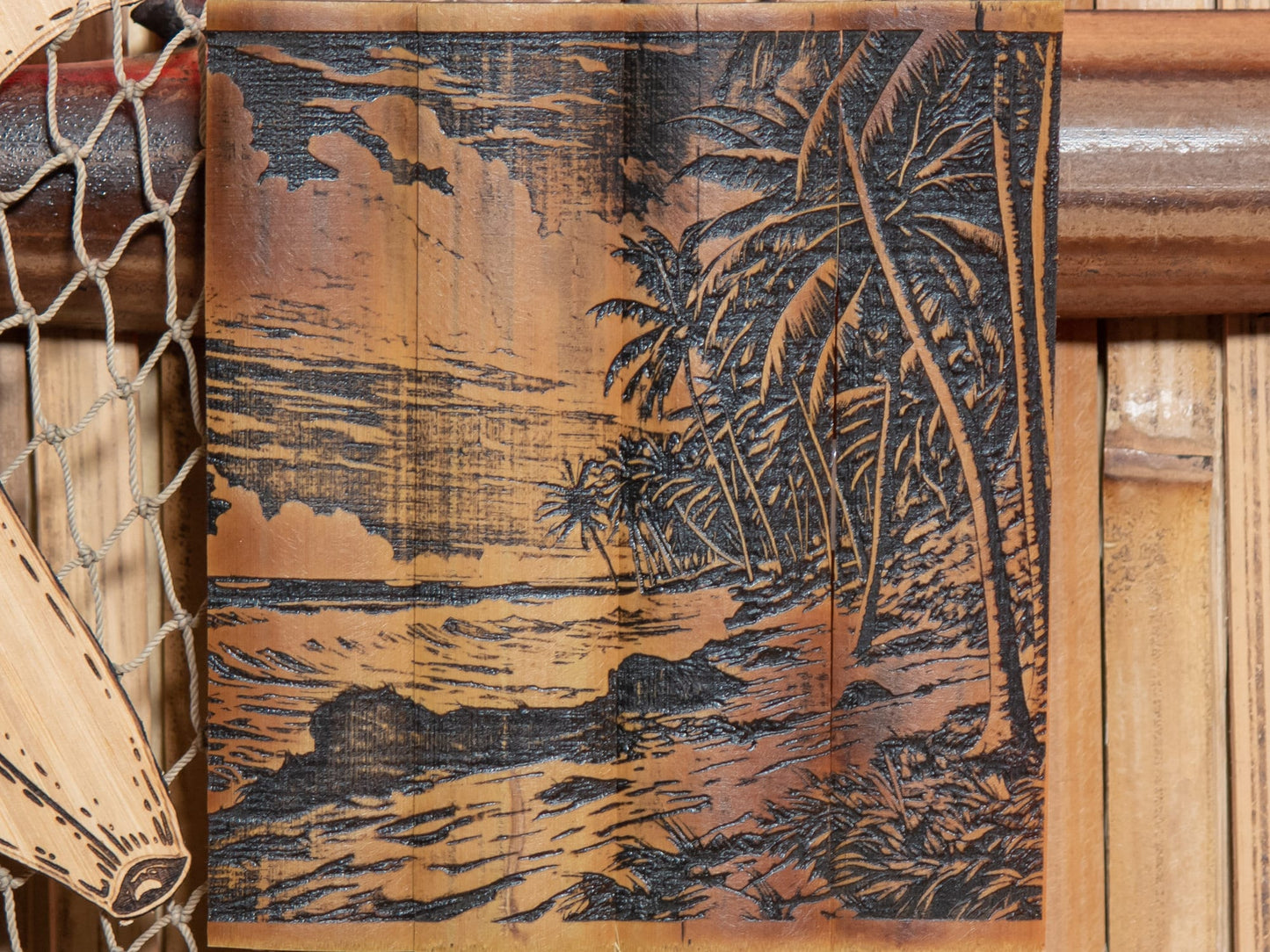 Waves Crashing on a Tropical Beach Wall Art - Laser Carved into a Bamboo Wall Hanging - Great Gift for Tropical Art Lovers - FREE SHIPPING