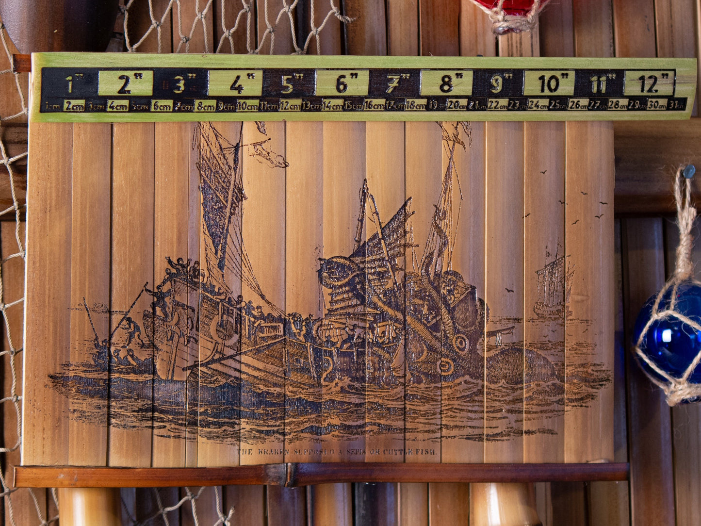 Kraken Attacking Ship Lithograph early 1800s - Laser Carved into a Bamboo Wall Hanging - Great Gift for Tropical Art Lovers - FREE SHIPPING