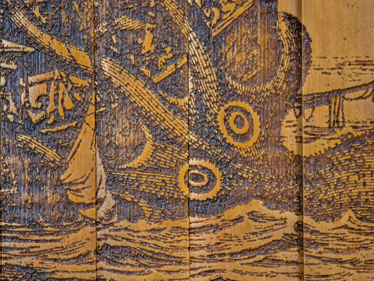 Kraken Attacking Ship Lithograph early 1800s - Laser Carved into a Bamboo Wall Hanging - Great Gift for Tropical Art Lovers - FREE SHIPPING