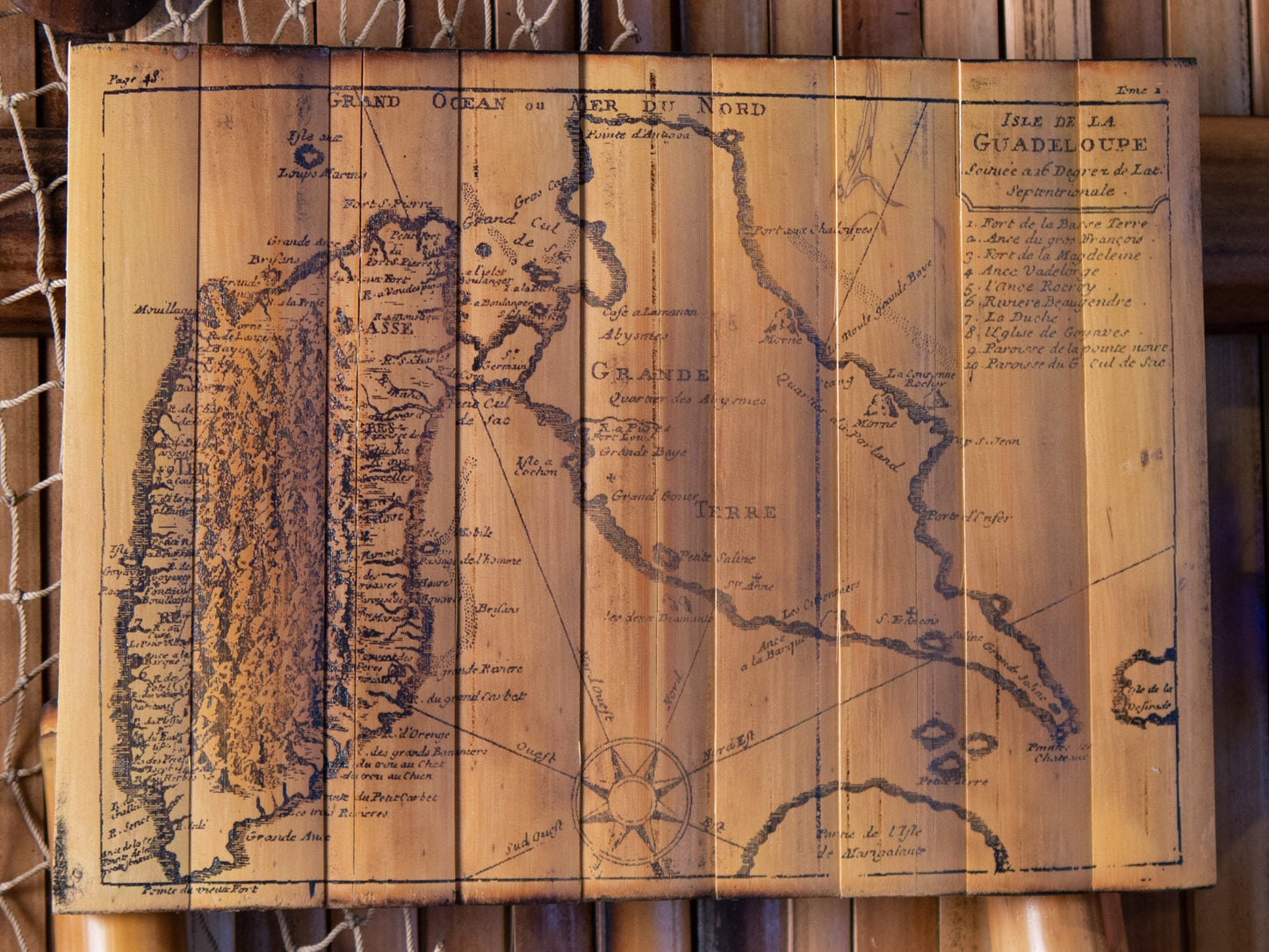 Pre-Linnaean lithograph of Guadeloupe Island - Laser Carved into a Bamboo Wall Hanging - Great Gift for Tropical Art Lovers - FREE SHIPPING