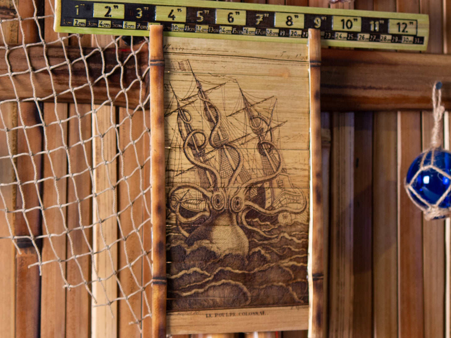Kraken Attacking Ship Lithograph early 1800s - Laser Carved into a Bamboo Wall Hanging - Great Gift for Tropical Art Lovers - FREE SHIPPING