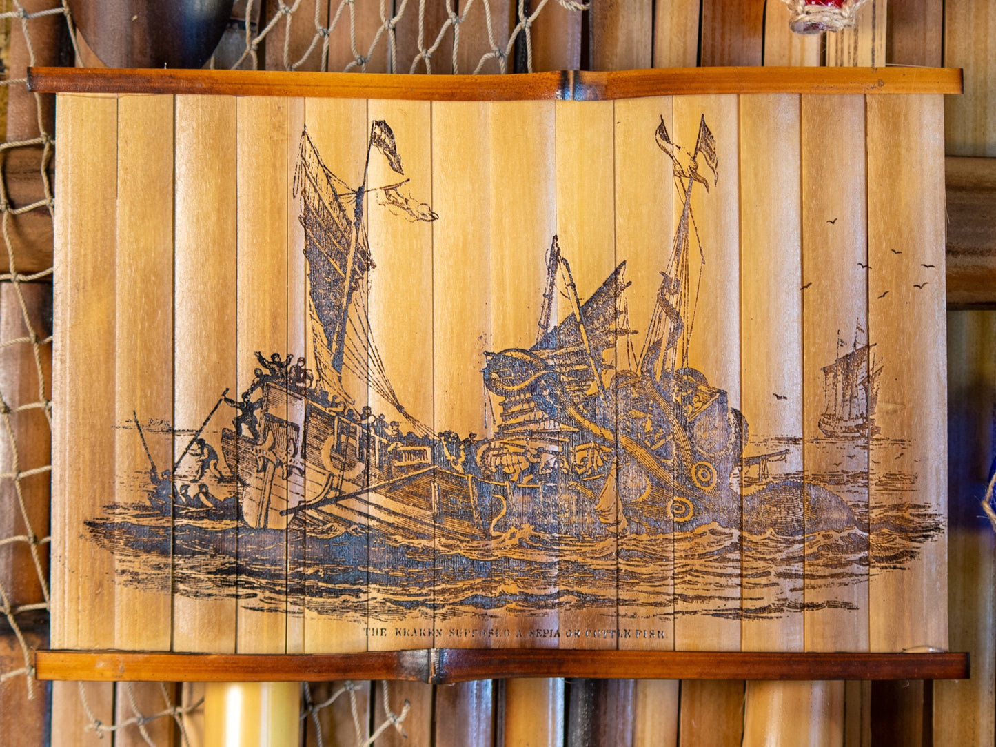 Kraken Attacking Ship Lithograph early 1800s - Laser Carved into a Bamboo Wall Hanging - Great Gift for Tropical Art Lovers - FREE SHIPPING