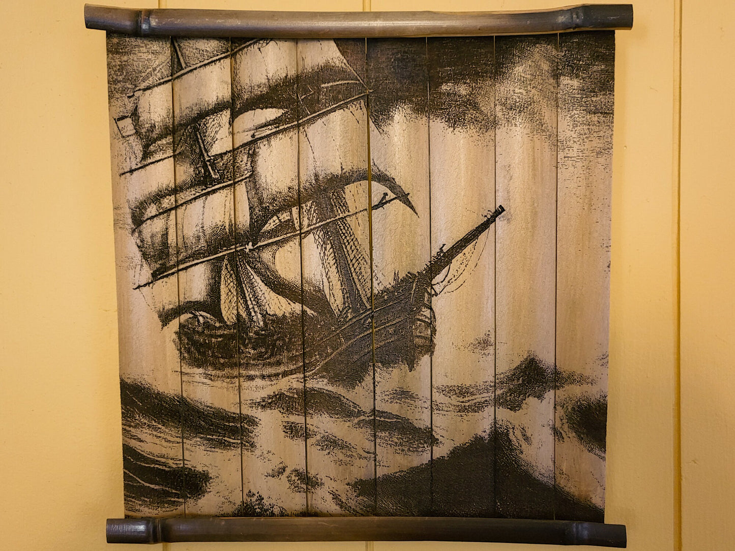 Bamboo Wall Art - Sailing Ship on Rough Seas - Laser Wood Engraved Wall Hanging - Great Christmas gift for ship/tiki lovers!