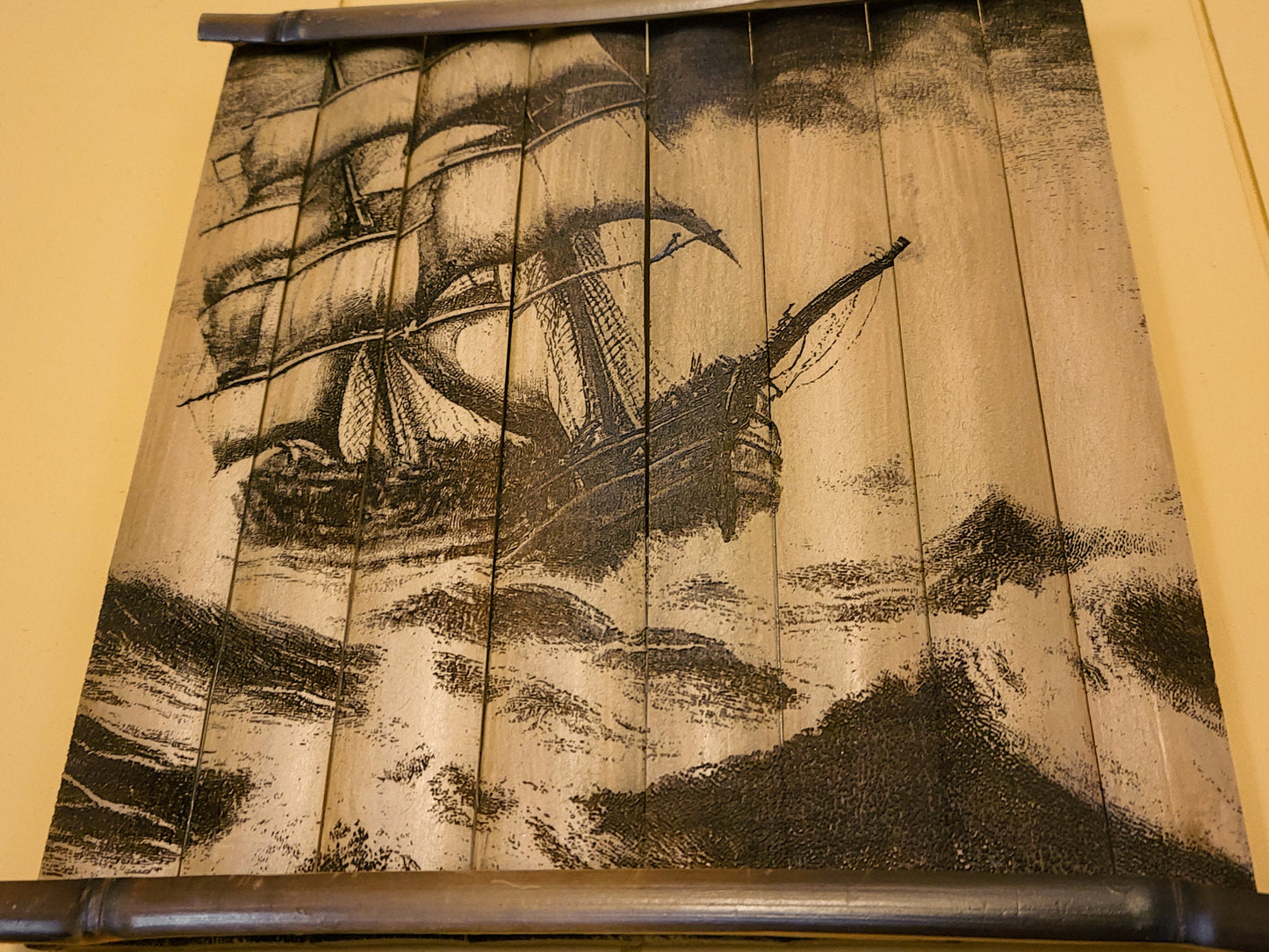 Bamboo Wall Art - Sailing Ship on Rough Seas - Laser Wood Engraved Wall Hanging - Great Christmas gift for ship/tiki lovers!