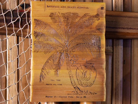 Coconut Palm Survival Guide 1944 - Laser Carved into a Bamboo Wall Hanging - Great Gift for Tropical Art Lovers - FREE SHIPPING